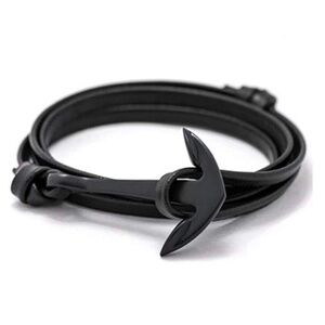 New Men's Stephen Oliver Black Plated Leather Nautical Wrap Bracelet